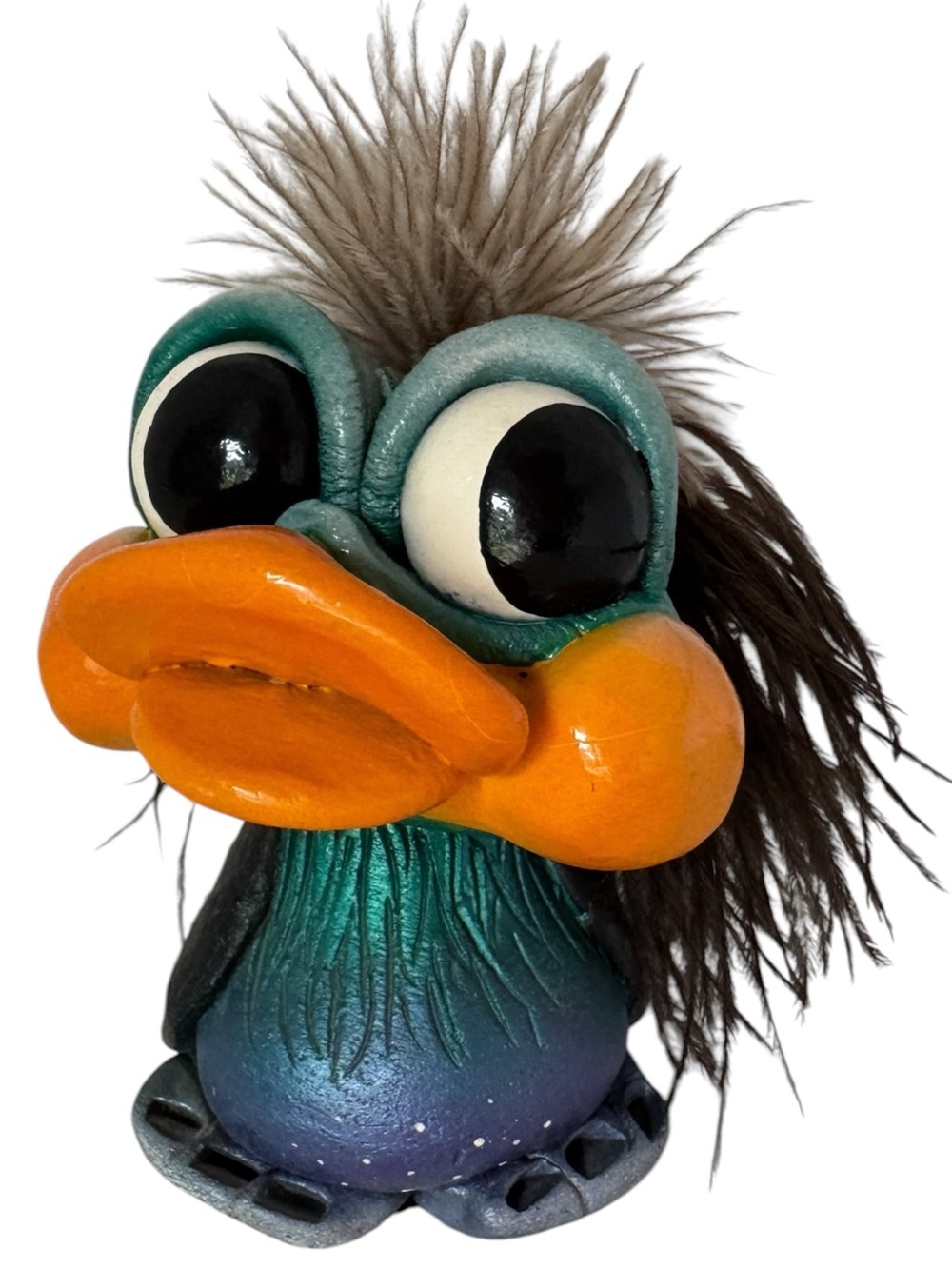 Ceramic Bird Figurine Real Feather Hair Kitsch Googly Eyes Whimsical Decor Duck